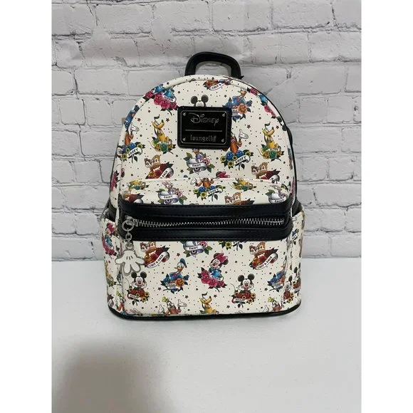 Loungefly Disney Mickey And Friends Tattoo Mini Backpack White Black Bag NEW - Picture 1 of 11